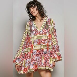 POL Striped Floral Long Sleeve Mini Dress with Pin tuck Detail🆕